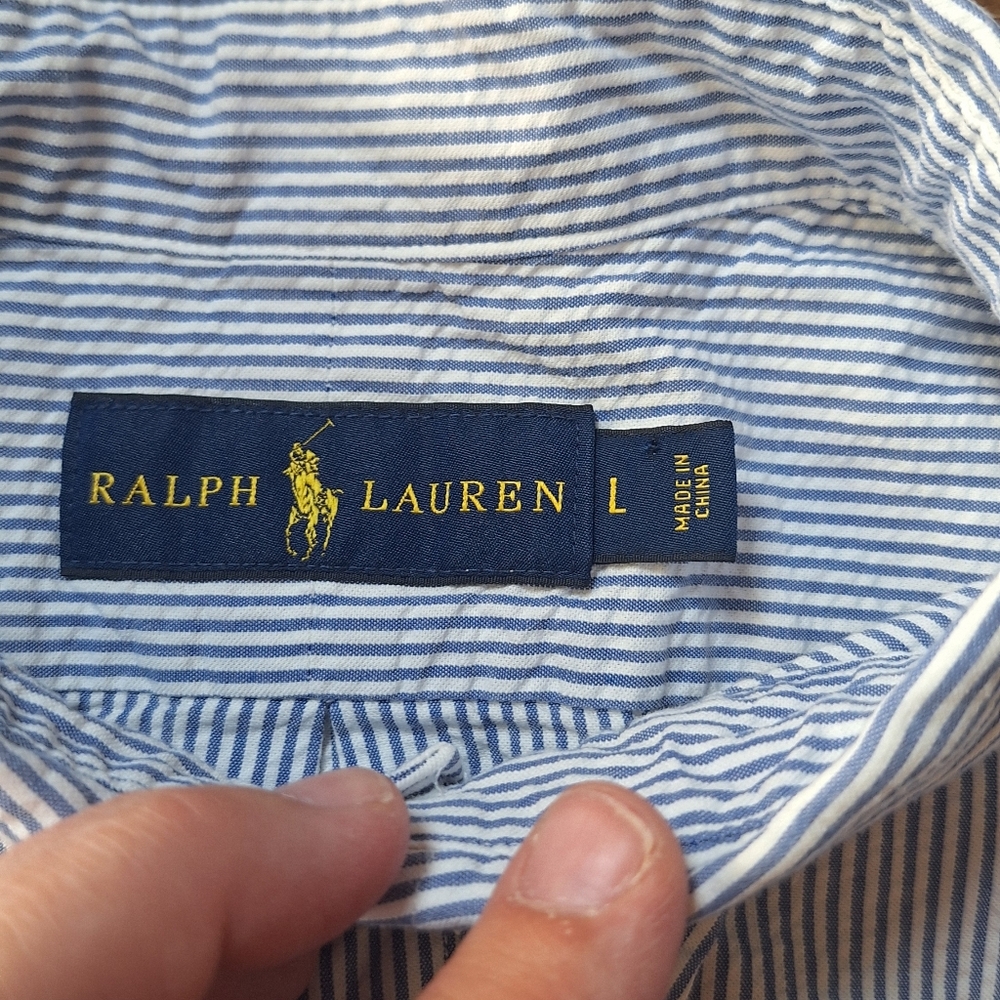 Polo Ralph Lauren Mens Blue White Striped Seersucker Short Sleeve Shirt Large - Picture 4 of 7